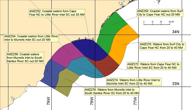 map showing marine forecast zones near Wilmington, NC