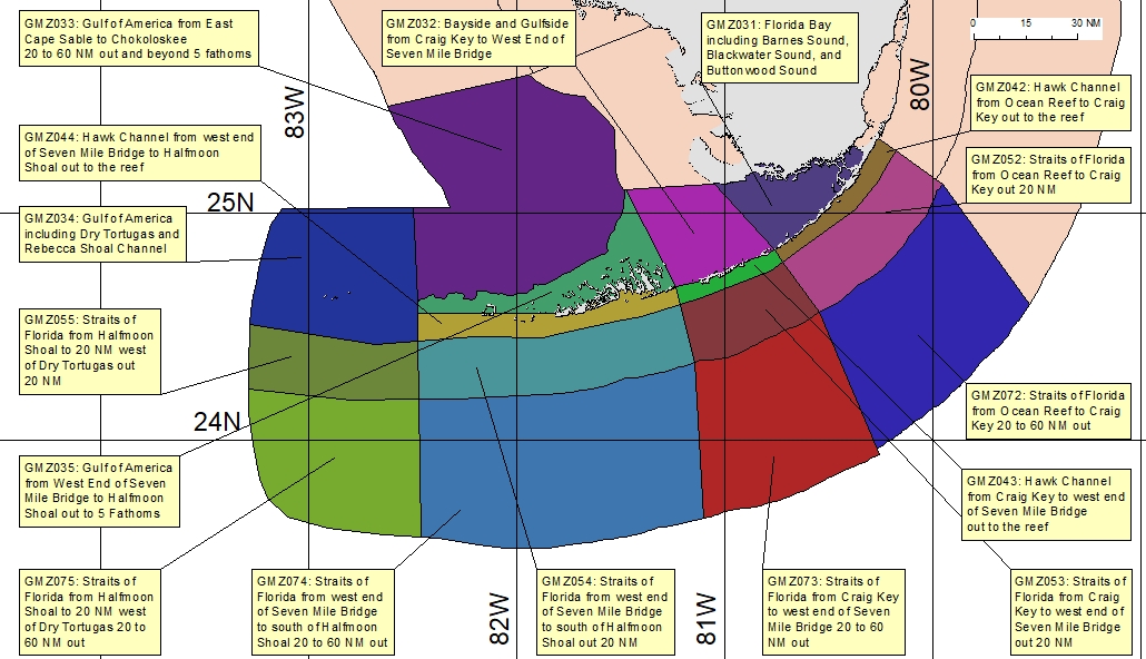 map showing marine forecast zones near Key West, FL