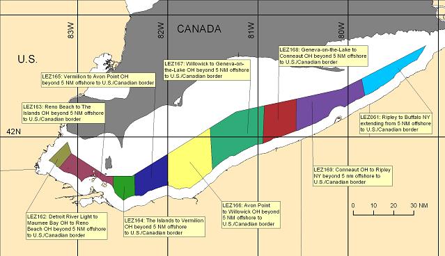 map showing marine forecast zones on the open waters of Lake Erie