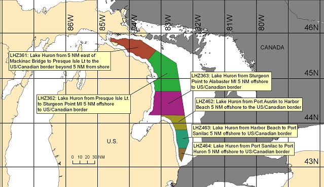 map showing marine forecast zones on the open waters of Lake Huron