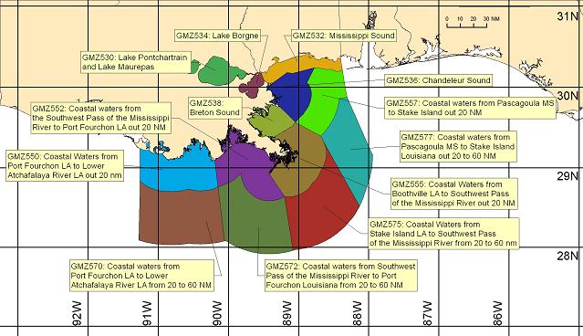 map showing marine forecast zones near New Orleans, LA