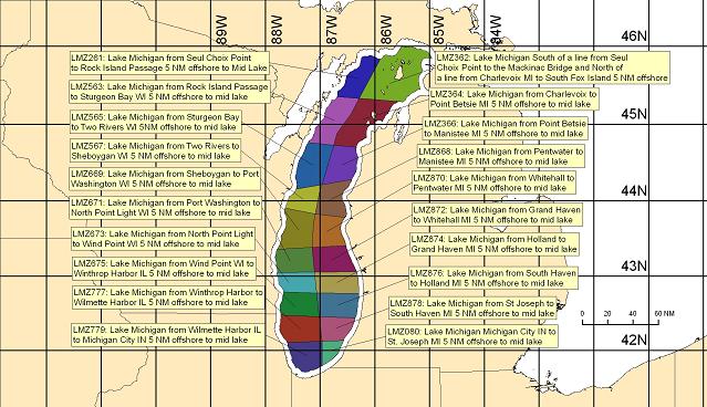 map showing marine forecast zones on the open waters of Lake Michigan