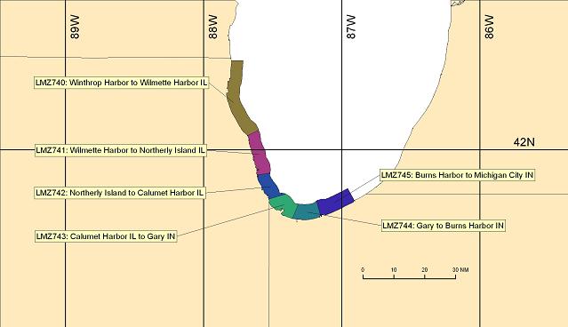map showing marine forecast zones near Chicago, IL