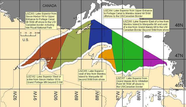 map showing marine forecast zones on the open waters of Lake Superior
