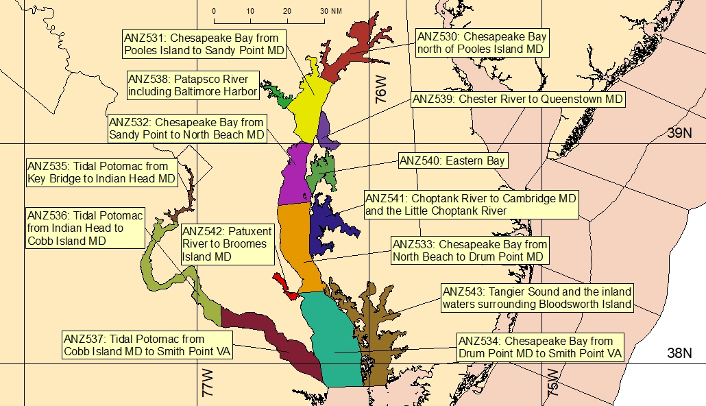 map showing marine forecast zones near Washington, DC and Baltimore, MD