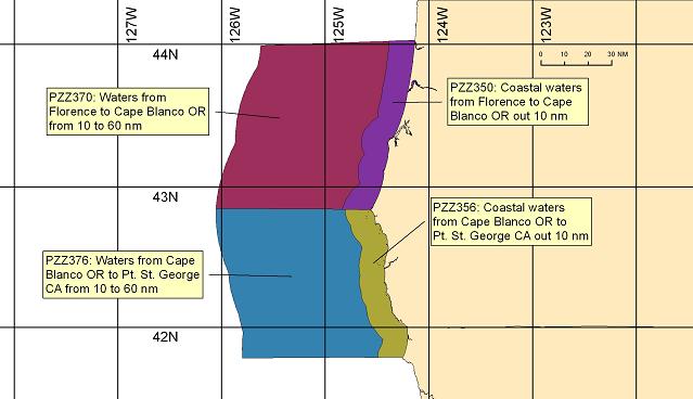 map showing marine forecast zones near Medford, OR