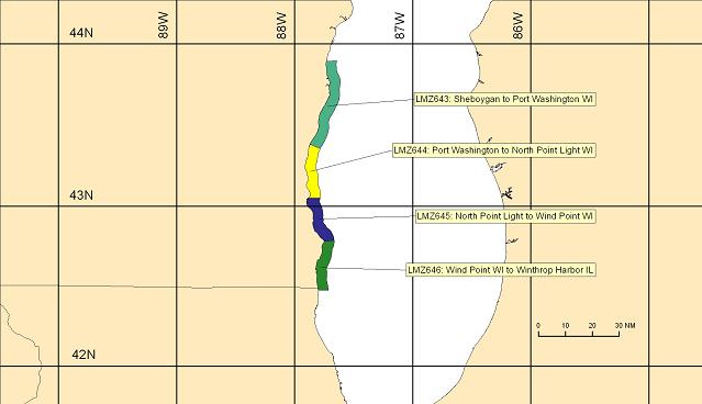 map showing marine forecast zones near Milwaukee, WI