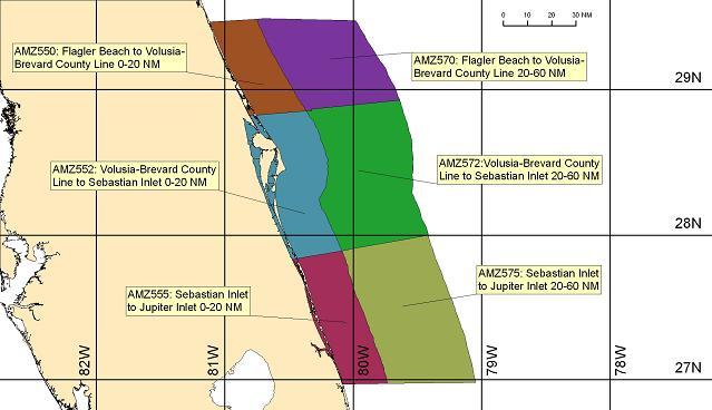 map showing marine forecast zones near Melbourne, FL