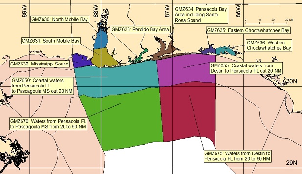 map showing marine forecast zones near Mobile, AL