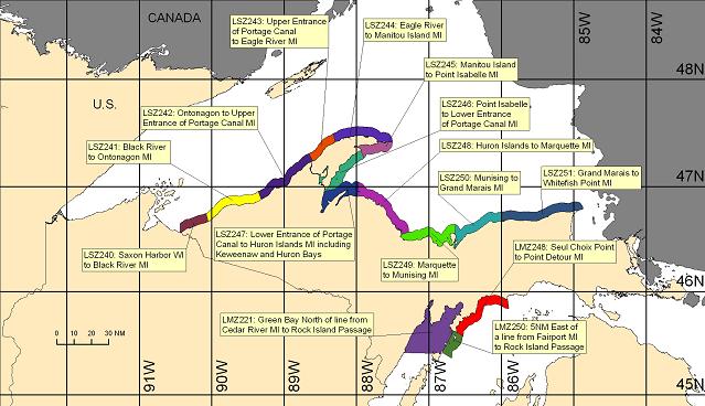 map showing marine forecast zones near Marquette, MI