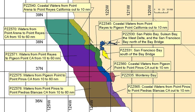 map showing marine forecast zones near Monterey, CA