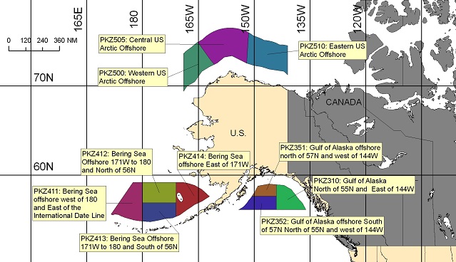 map showing offshore marine forecast zones around Alaska