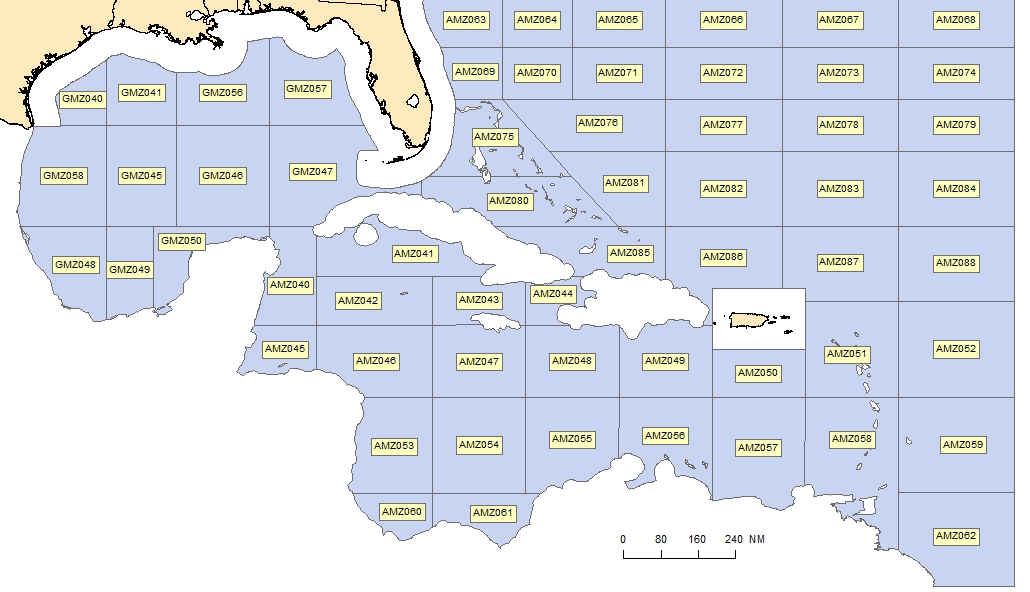 map showing offshore marine forecast zones in the Tropical Atlantic