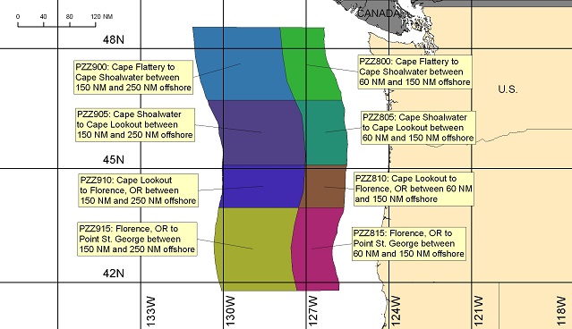 map showing offshore marine forecast zones off the Washington/Oregon coast