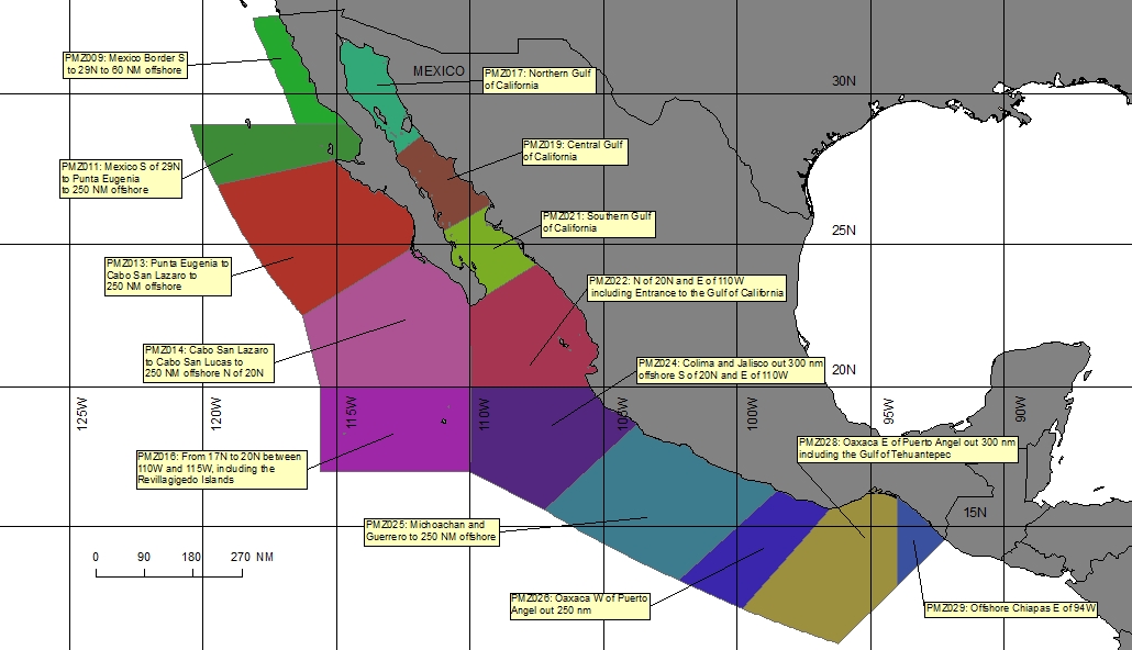 map showing offshore marine forecast zones for the Eastern Pacific Ocean