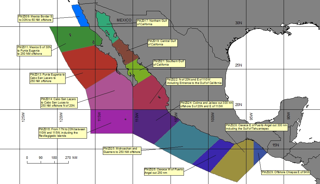 map showing offshore marine forecast zones for the Eastern Pacific Ocean