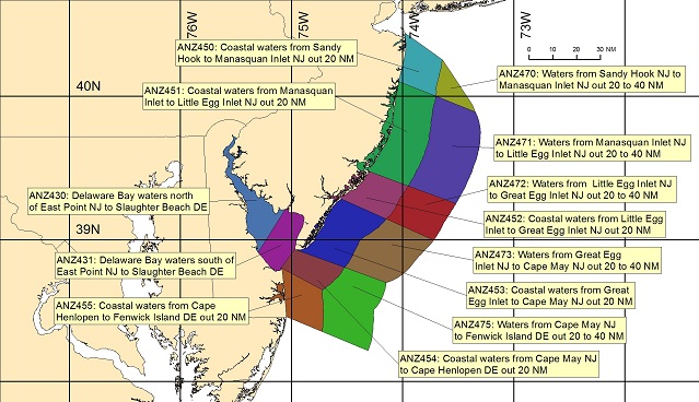 map showing marine forecast zones near Philadelphia, PA