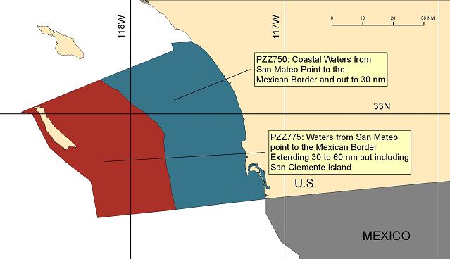map showing marine forecast zones near San Diego, CA