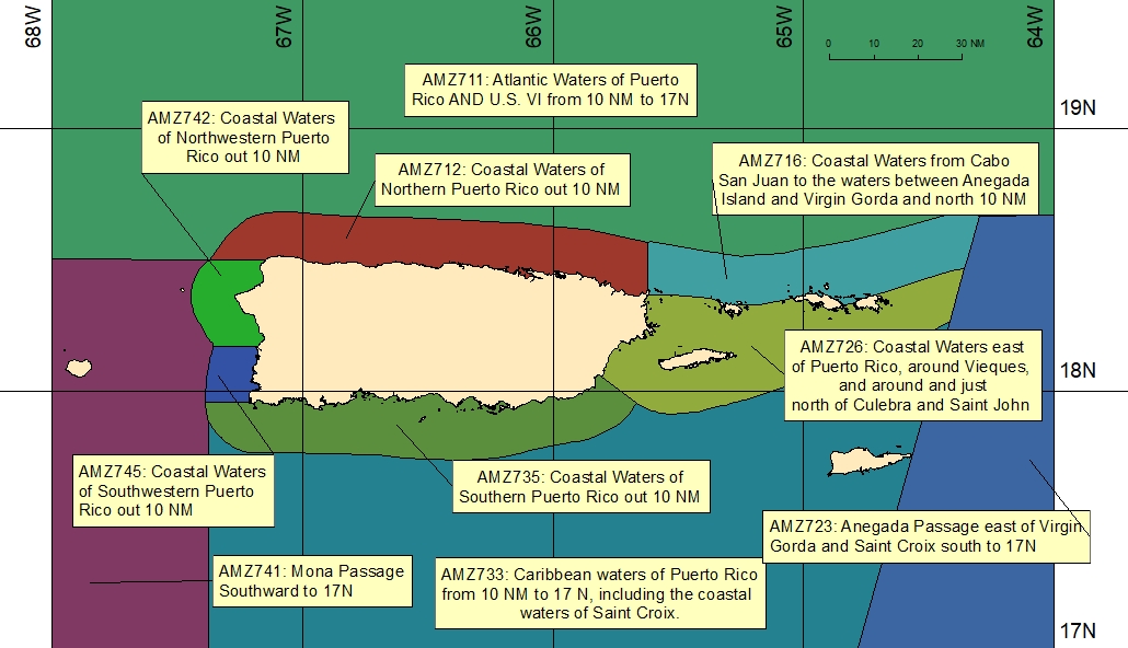map showing marine forecast zones near San Juan, PR