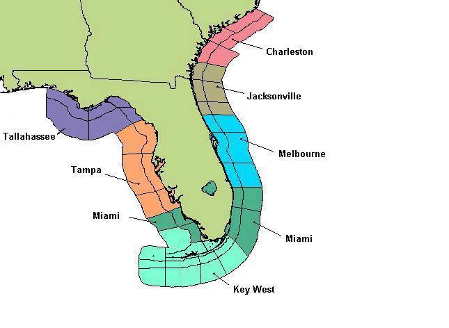 map of southeastern United States, showing National Weather Service offices that issue marine forecasts