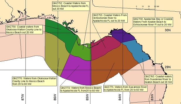 map showing marine forecast zones near Tallahassee, FL