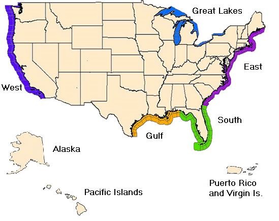 map of United States, showing where marine weather forecast zones are located