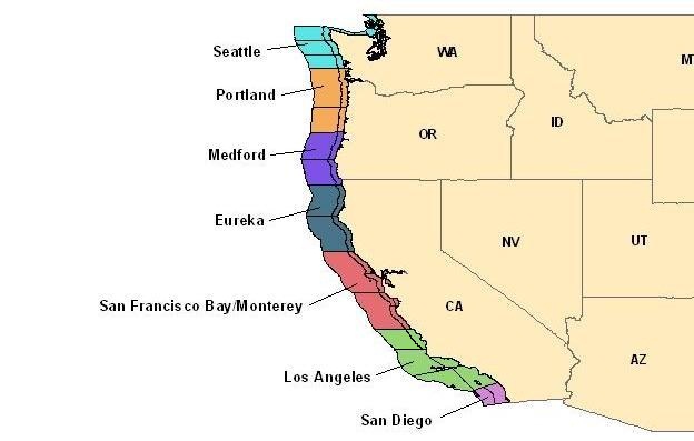 map of western United States showing National Weather Service offices that issue marine weather forecasts