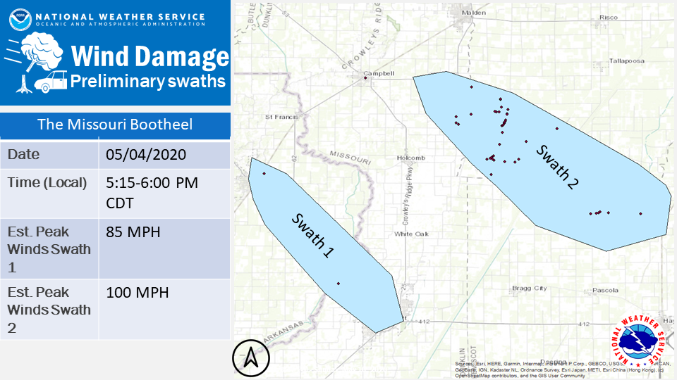 Map of damage swaths