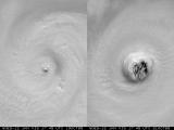 Wilma's Eye at its most intense point (left) and when it was about to make landfall in the Yucantan (right)