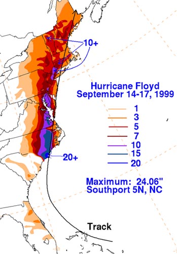 Map Showing Floyd Rainfall Amounts