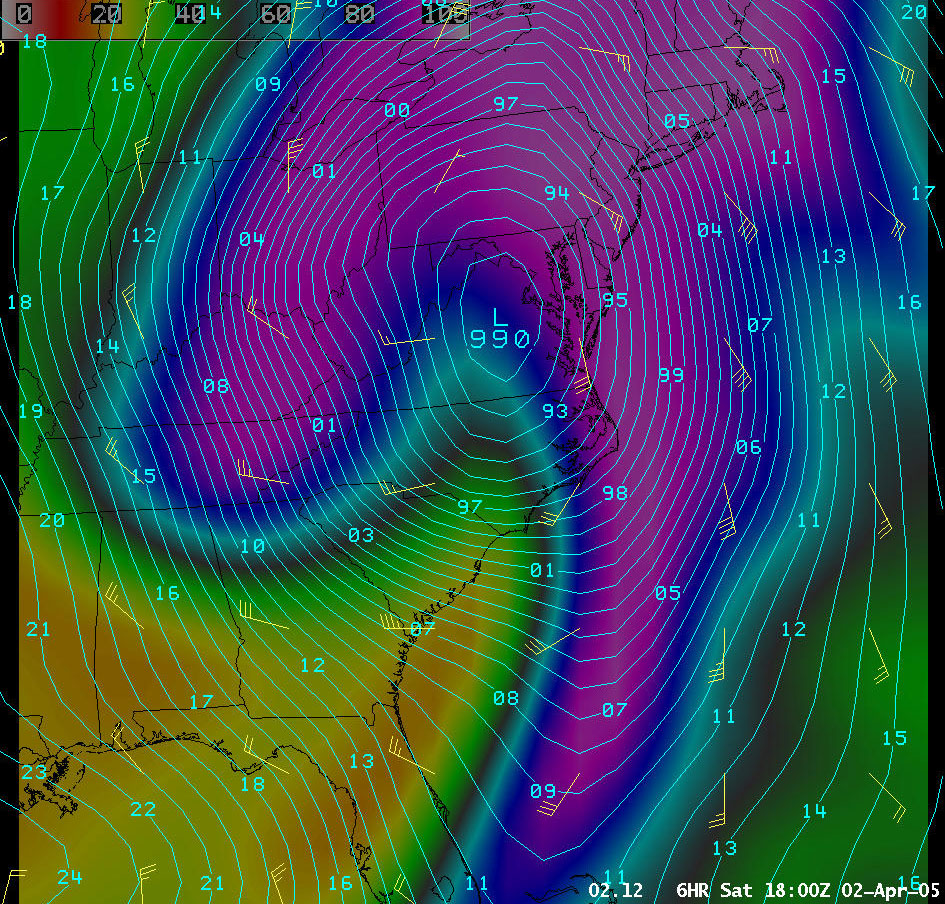04/02/05 12Z 0-HR GFS MSLP, surface winds and 1000-500mb RH analysis
