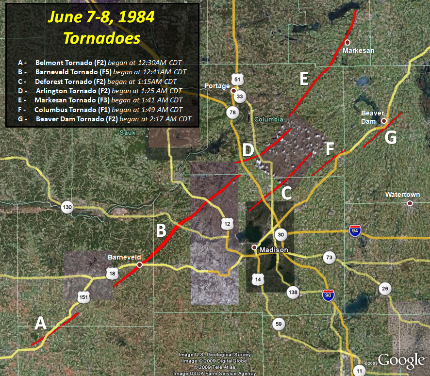 Map of Tornado Tracks in Southern Wisconsin