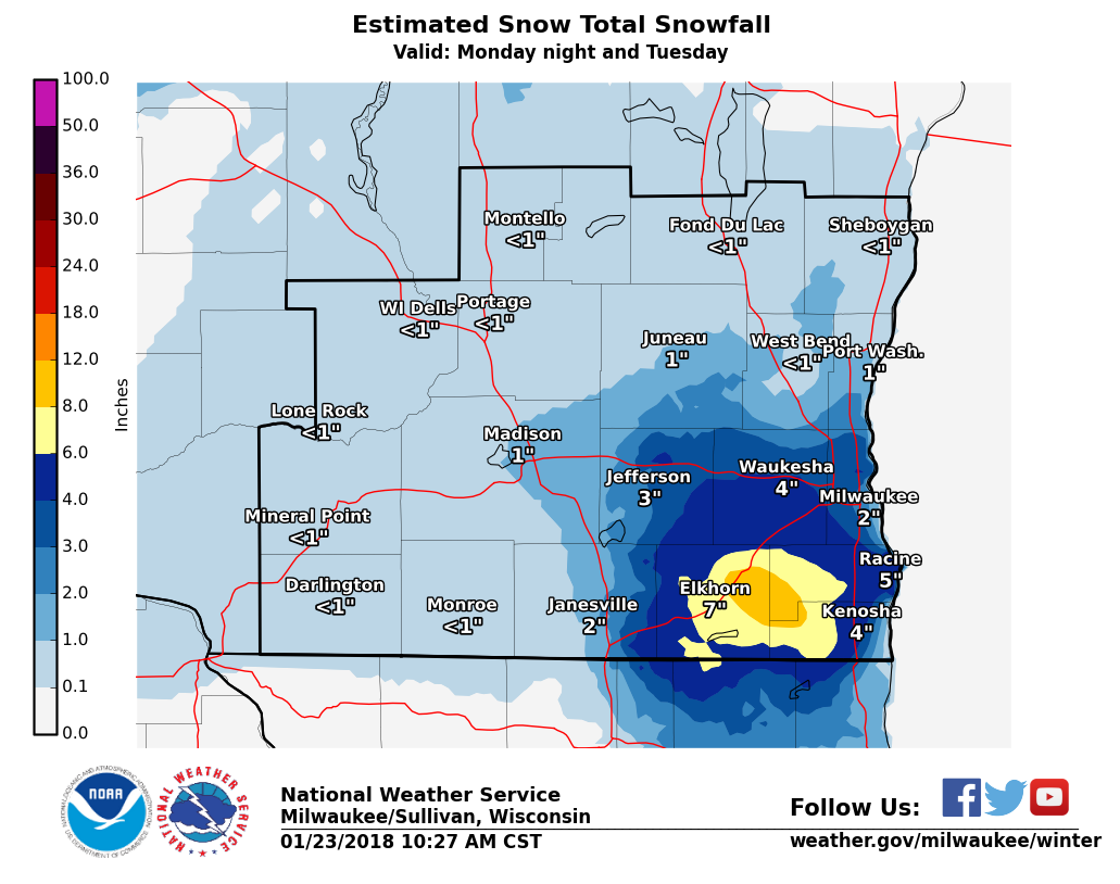 Southern Wisconsin Snowfall Totals January 23, 2018