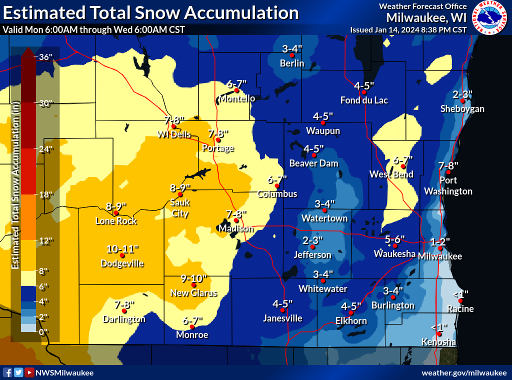 Estimated storm total snowfall from Mon Jan 8 through Tue Jan 9