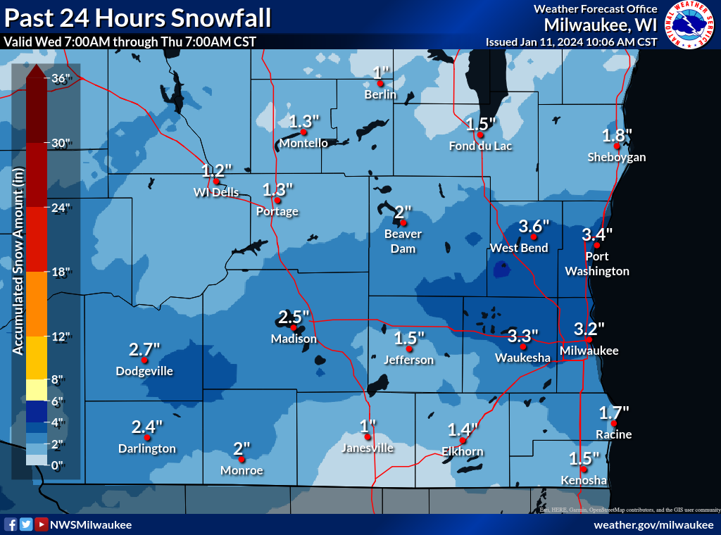 24-hr Snowfall for southern WI ending 7 AM Thu 1/11