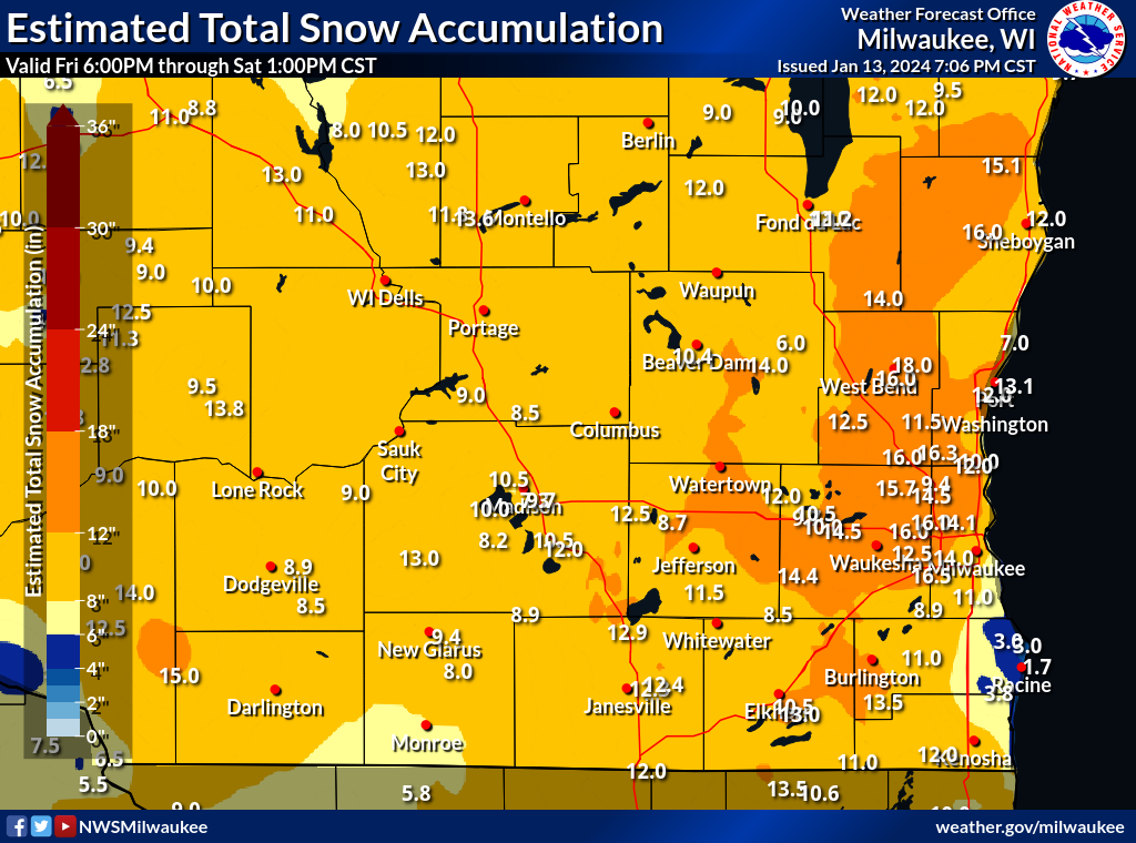 Estimated snowfall total Fri 6 pm through Sat 1 PM for southern WI