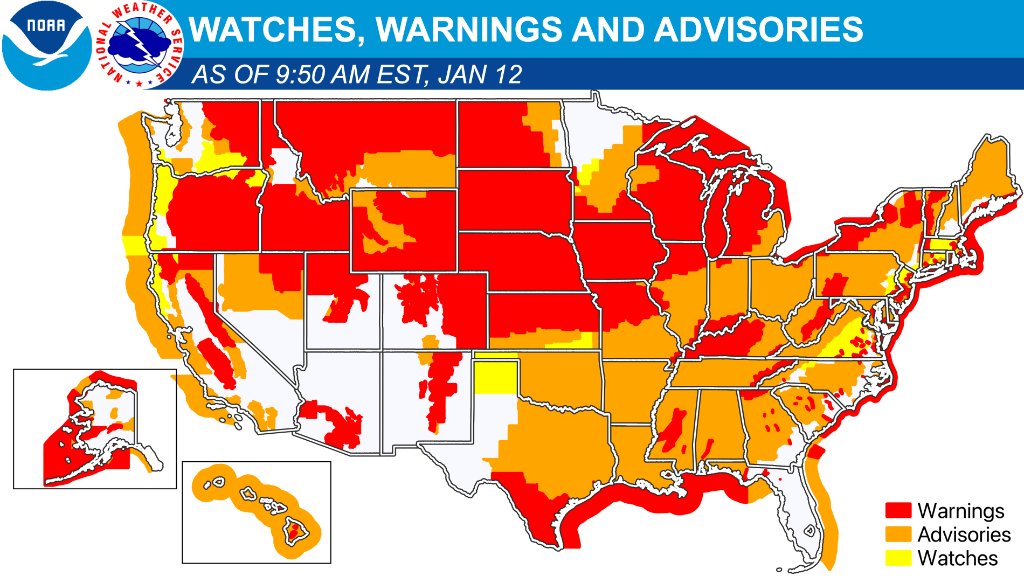 NWS Watch, Warning, Advisories at 9AM EST Jan 12 - headline in all states at once