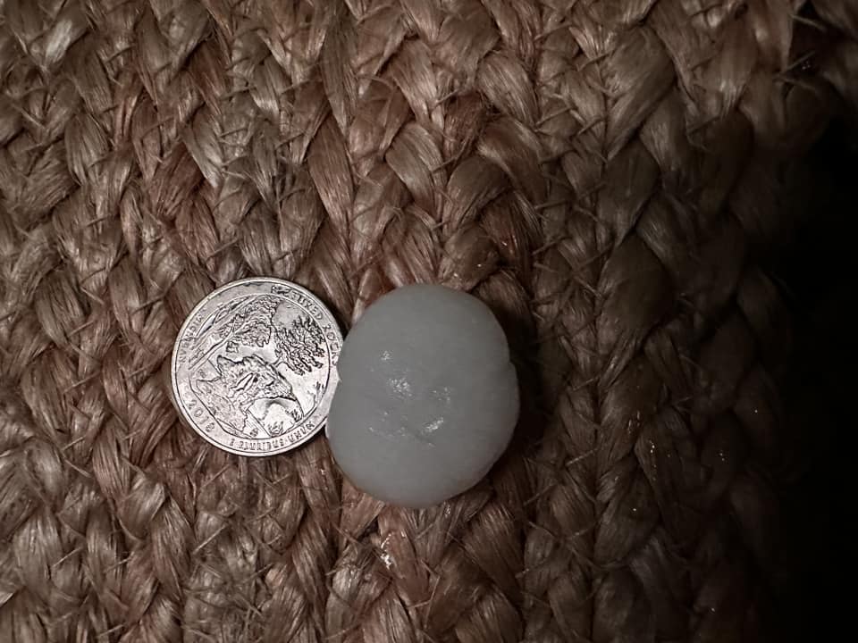 Photo of a hail stone next to a quarter. The hail is about the same size.