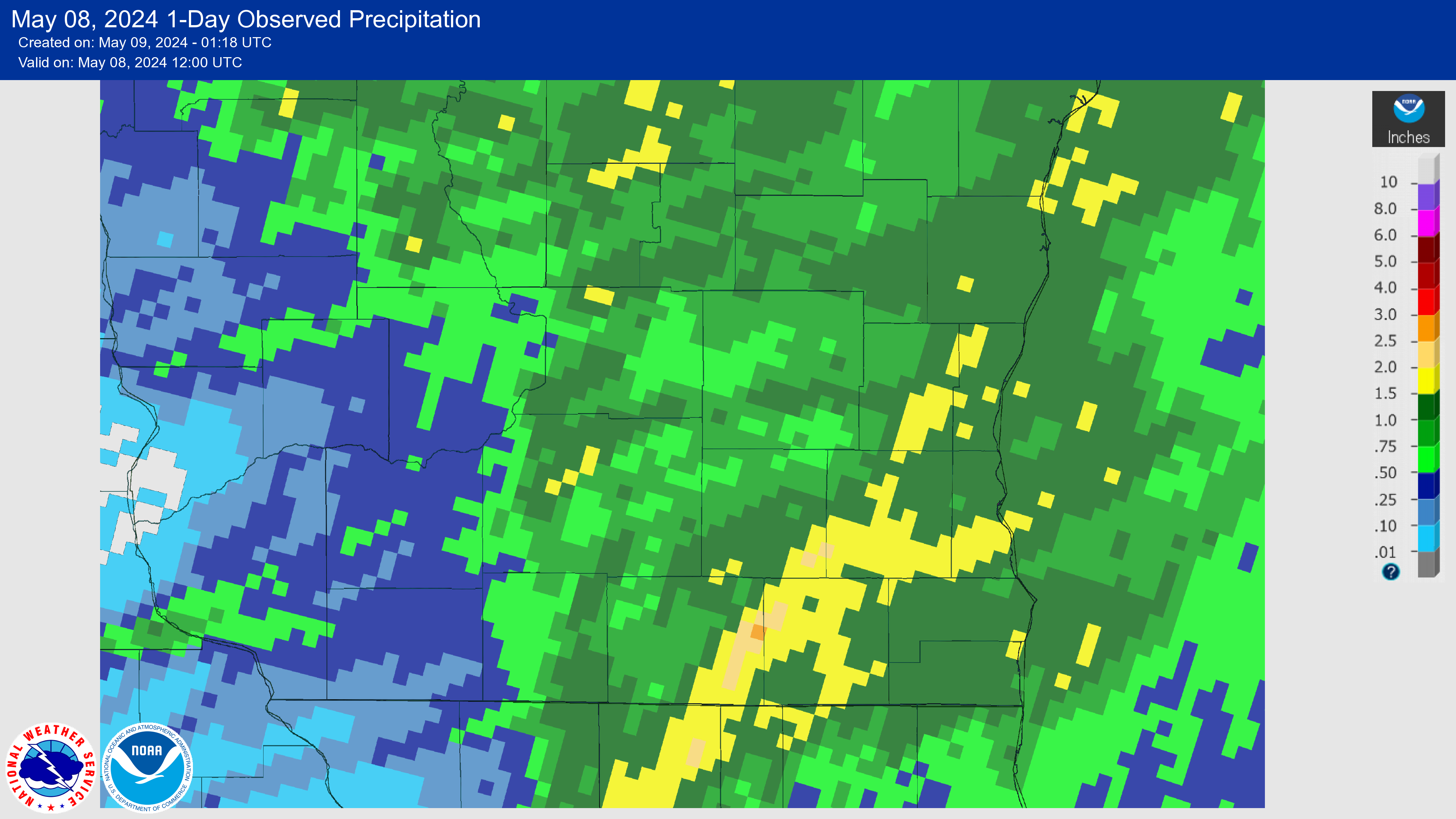 24 hour quantitative precipitation estimate showing 0.5 to 2 inches with highest amounts in southeast WI