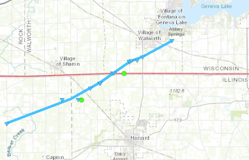 Tornado 1 Track Map from rural northeast Boone County, IL through rural northwest McHenry County, IL, and just southeast of the Village of Walworth in Walworth County, WI