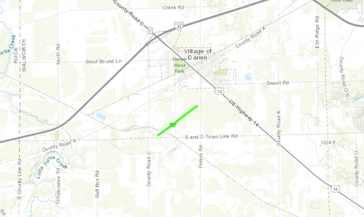 Tornado 2 Track Map of a short path just south of the Village of Darien in Southwest Walworth County