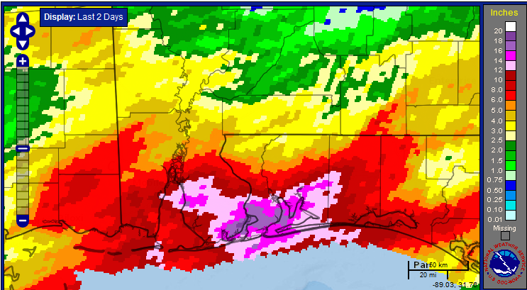 Radar estimated event rainfall (in.) totals between 9 AM CDT Mon., 28 April – 9 AM CDT Wed., 30 April. Scale on right