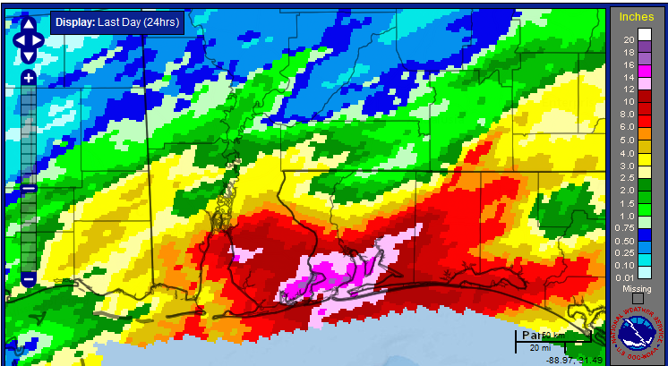 Radar estimated event rainfall (in.) totals between 9 AM CDT Tue., 28 April – 9 AM CDT Wed., 30 April. Scale on right.