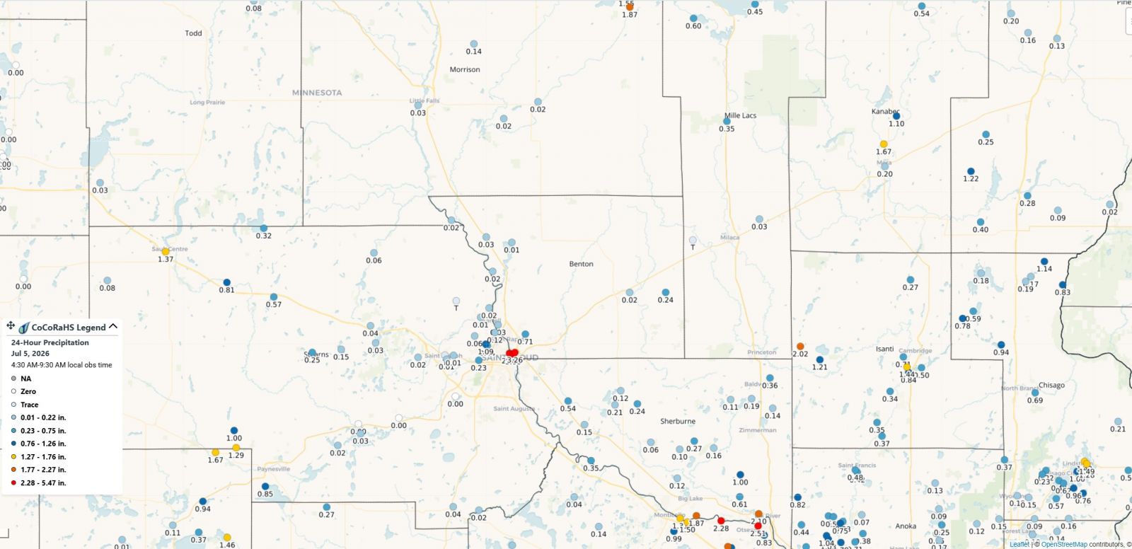 CoCoRaHS Rainfall reports across central Minnesota for July 4th rainfall. 