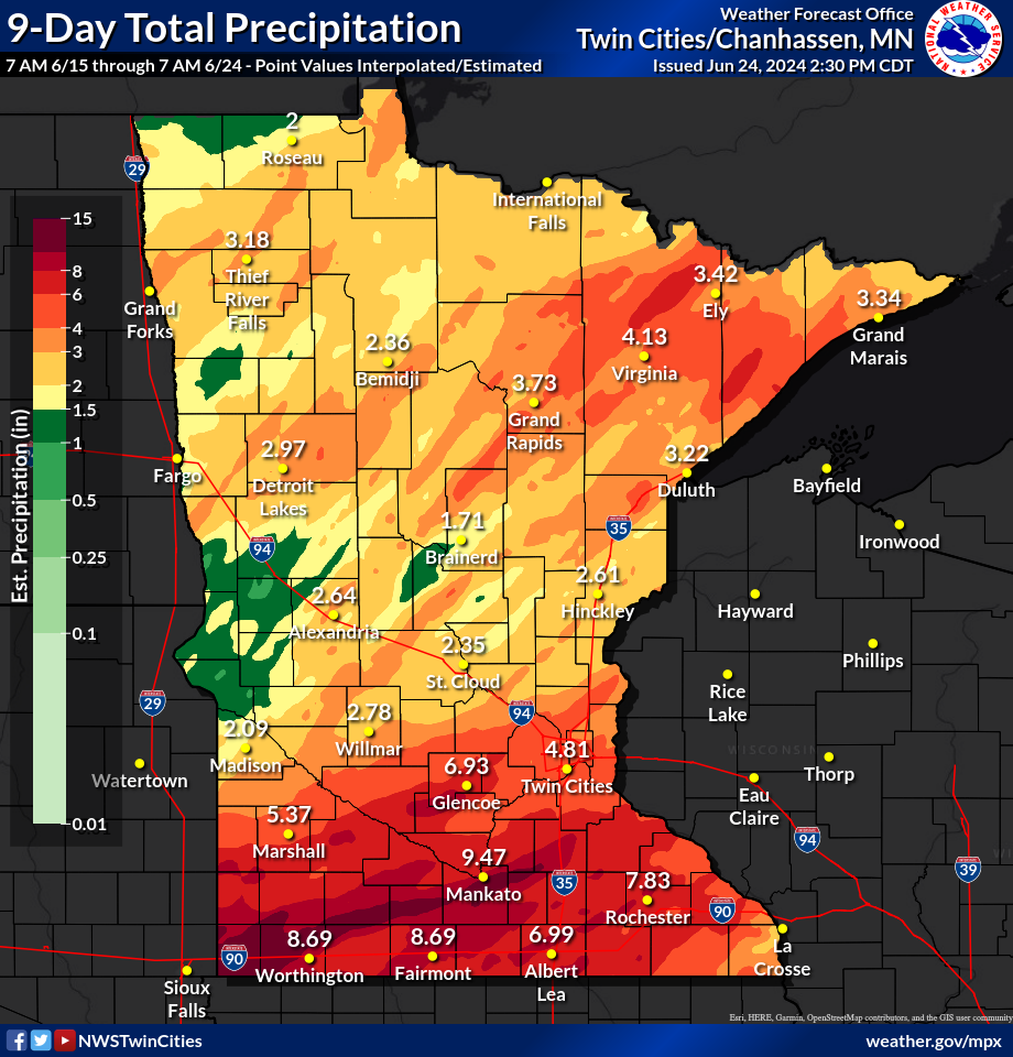 9-Day Rainfall Total June 15 to June 24