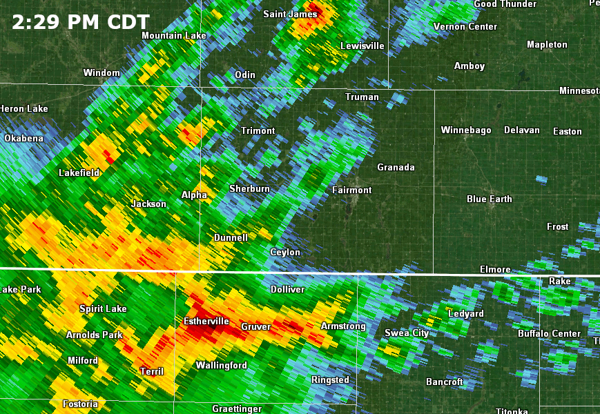 Radar loop showing storms moving into Martin County, MN