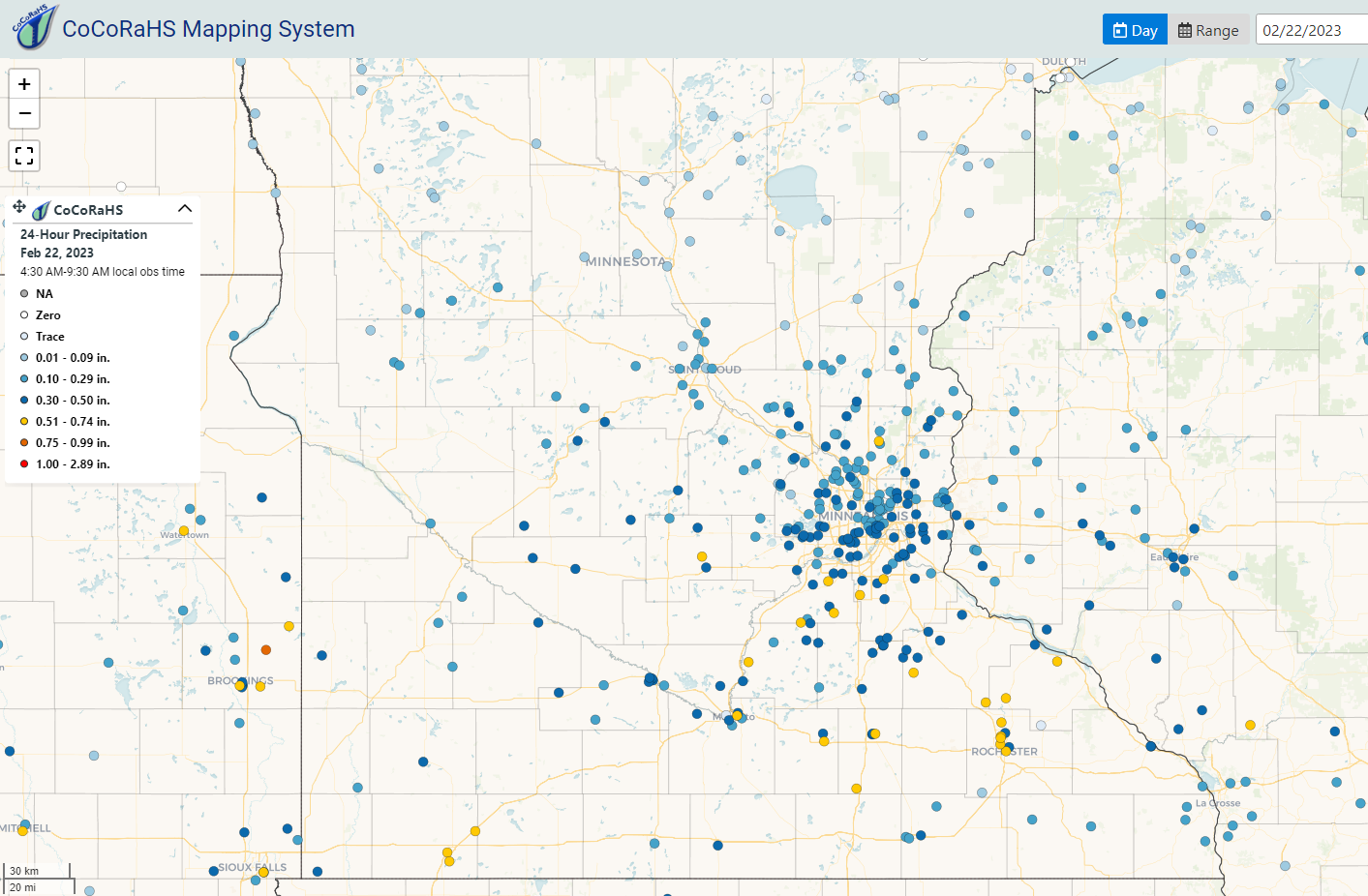 Map of snowfall reports from CoCoRaHS observers
