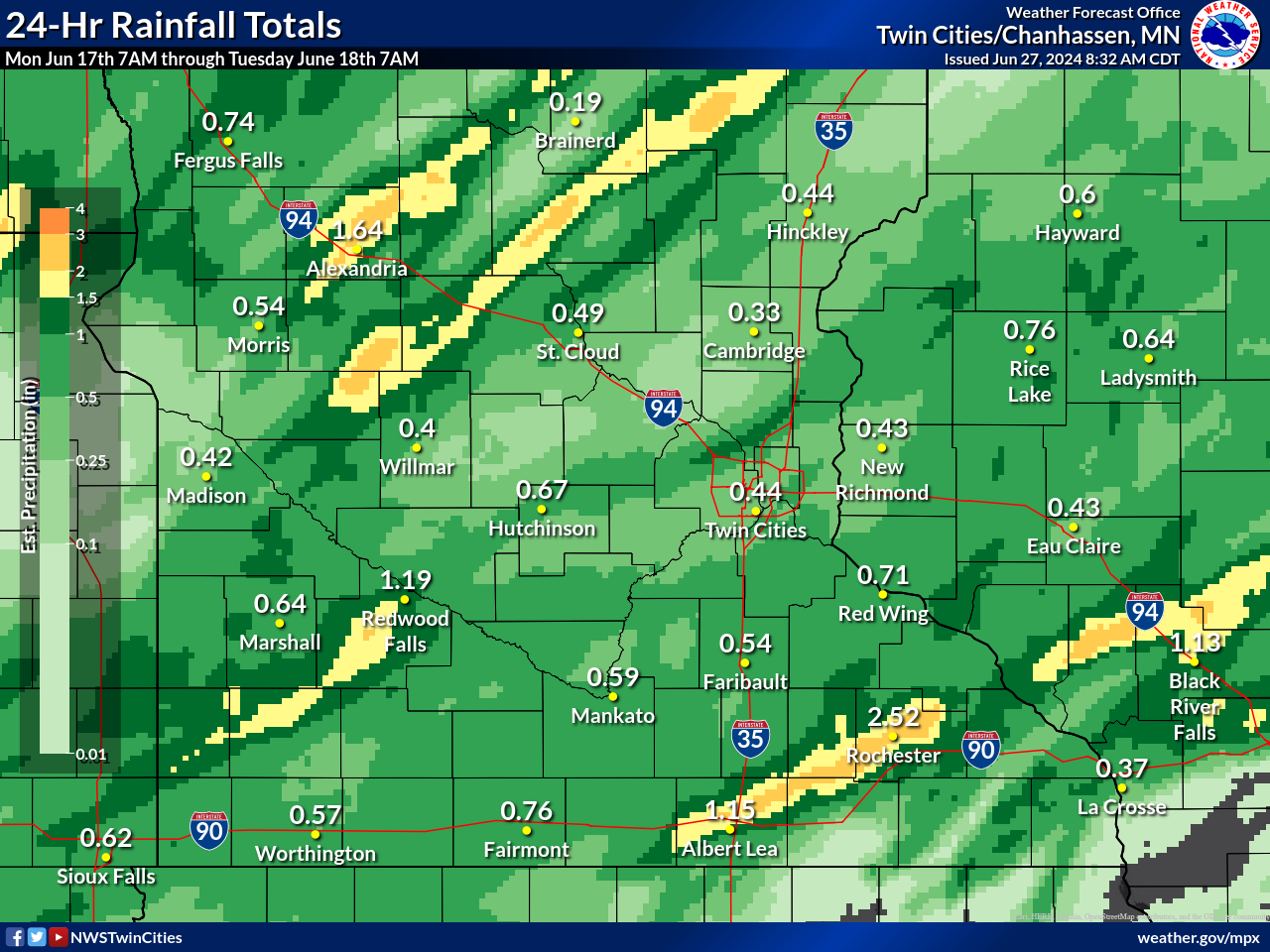 Observed Rainfall Totals from 7 AM June 17th to 7 AM June 18th across central and southern MN and western WI.