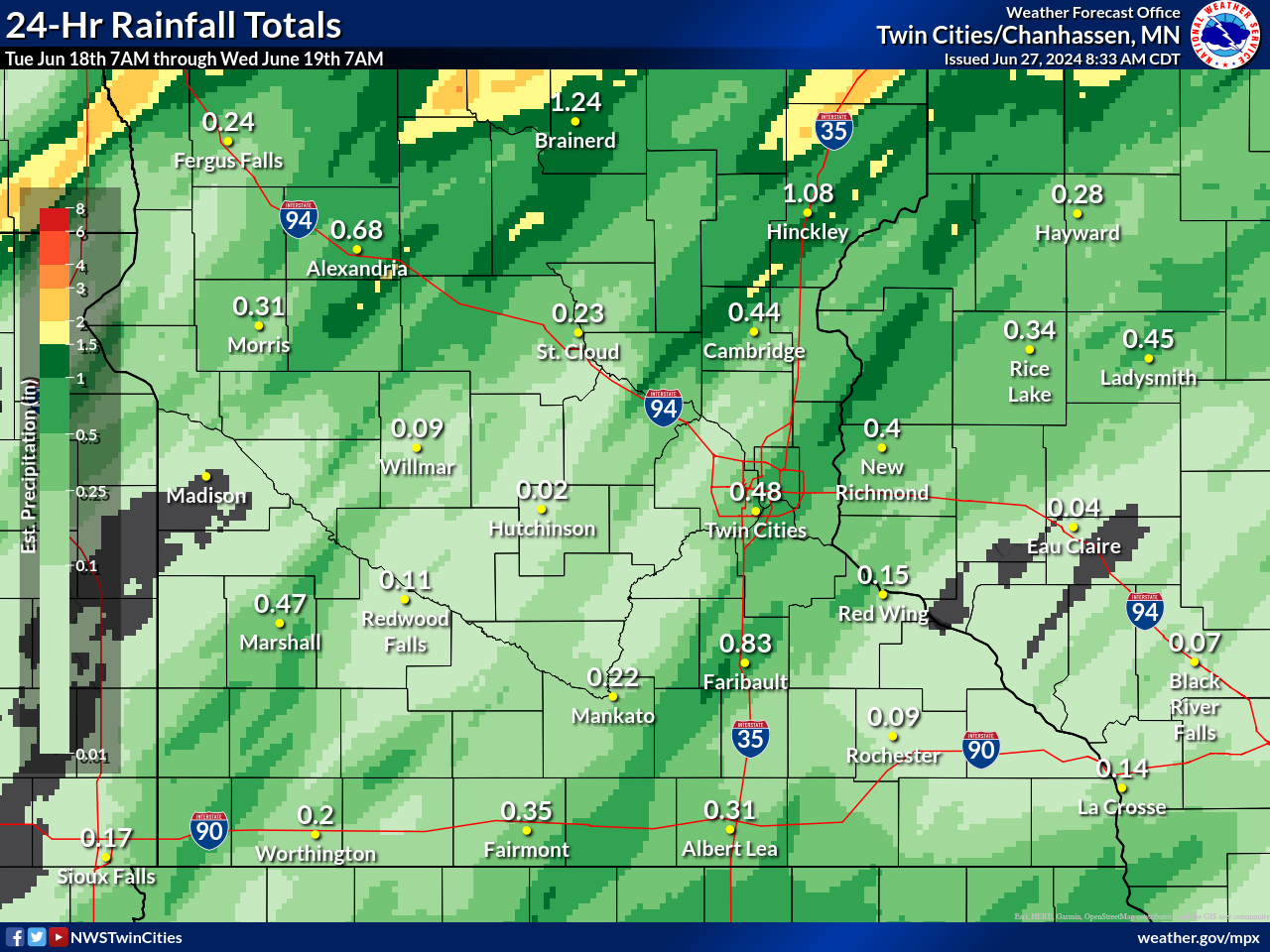 Observed Rainfall Totals from 7 AM June 18th to 7 AM June 19th across central and southern MN and western WI.