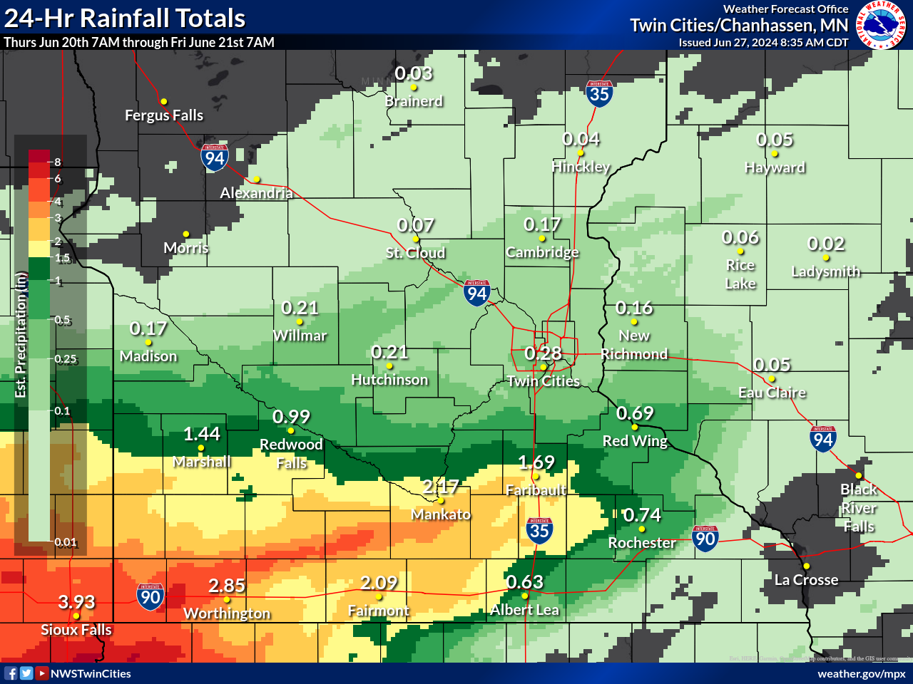 Observed Rainfall Totals from 7 AM June 19th to 7 AM June 20th across central and southern MN and western WI.